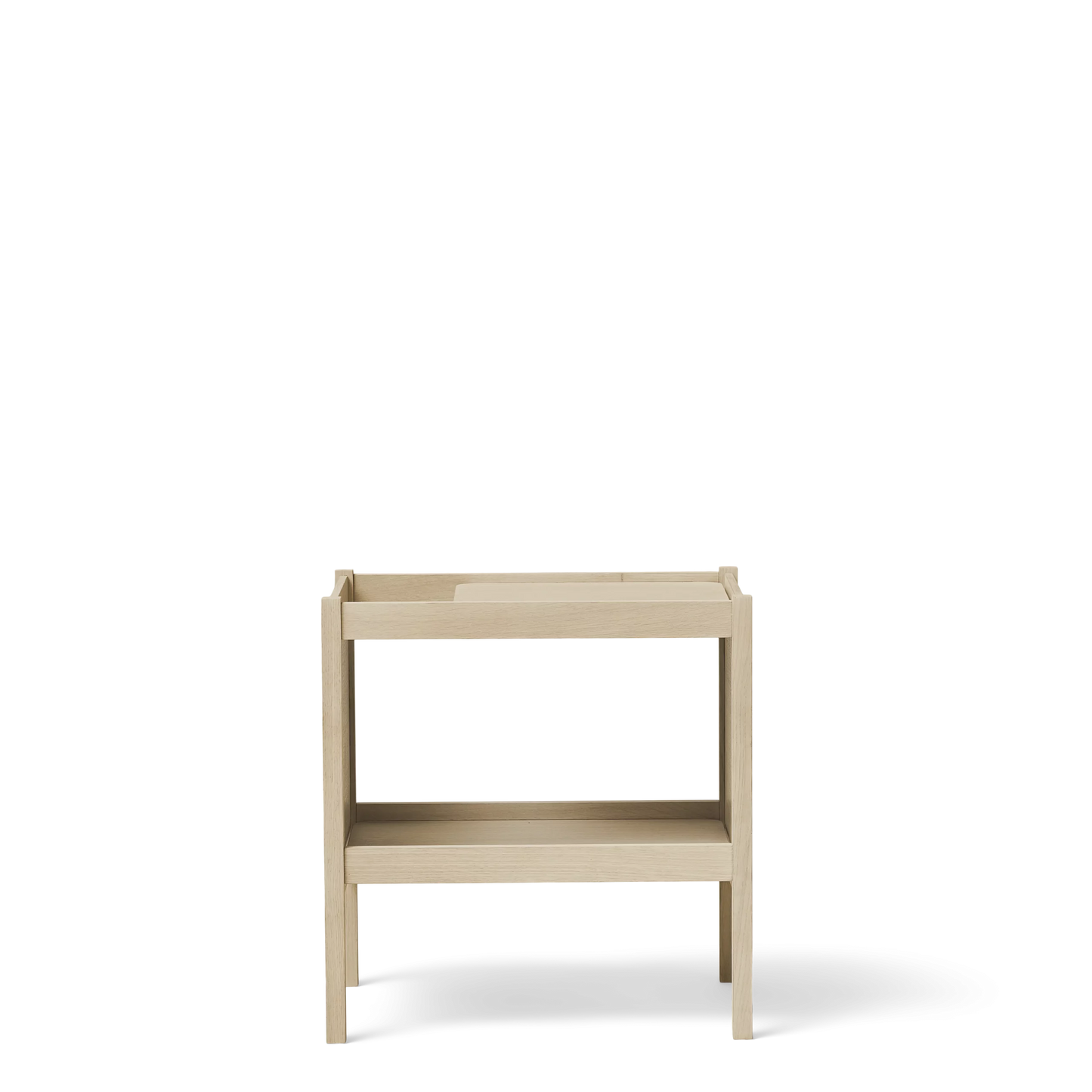 A small wooden side table with a rectangular tabletop and two lower shelves, featuring a natural wood finish.