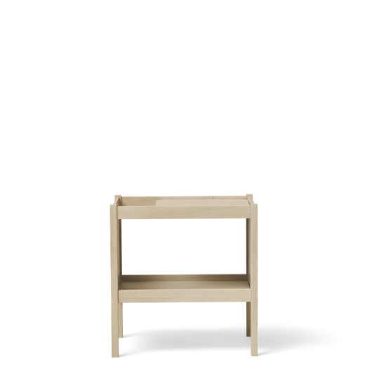A small wooden side table with a rectangular tabletop and two lower shelves, featuring a natural wood finish.