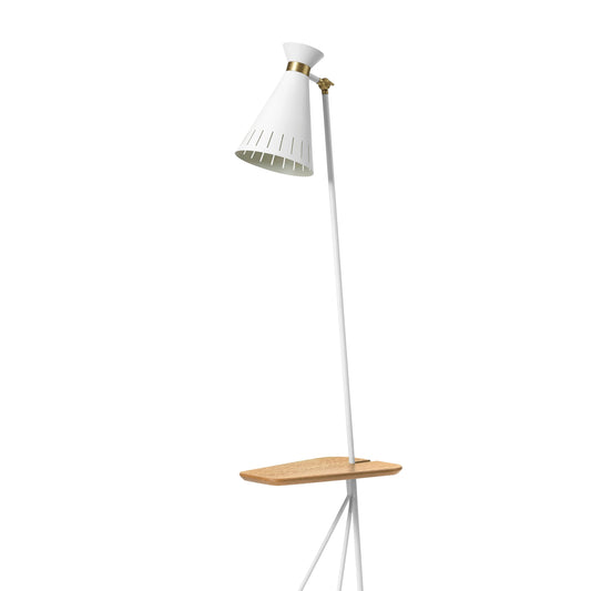 White floor lamp with a small wooden shelf on a white background