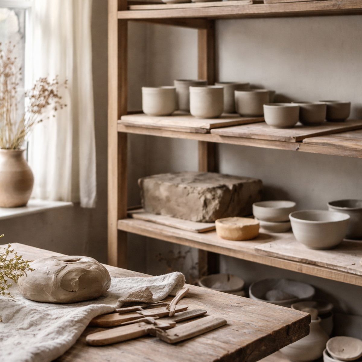 Wooden shelves with ceramic bowls and a wooden table with tools in a rustic setting.