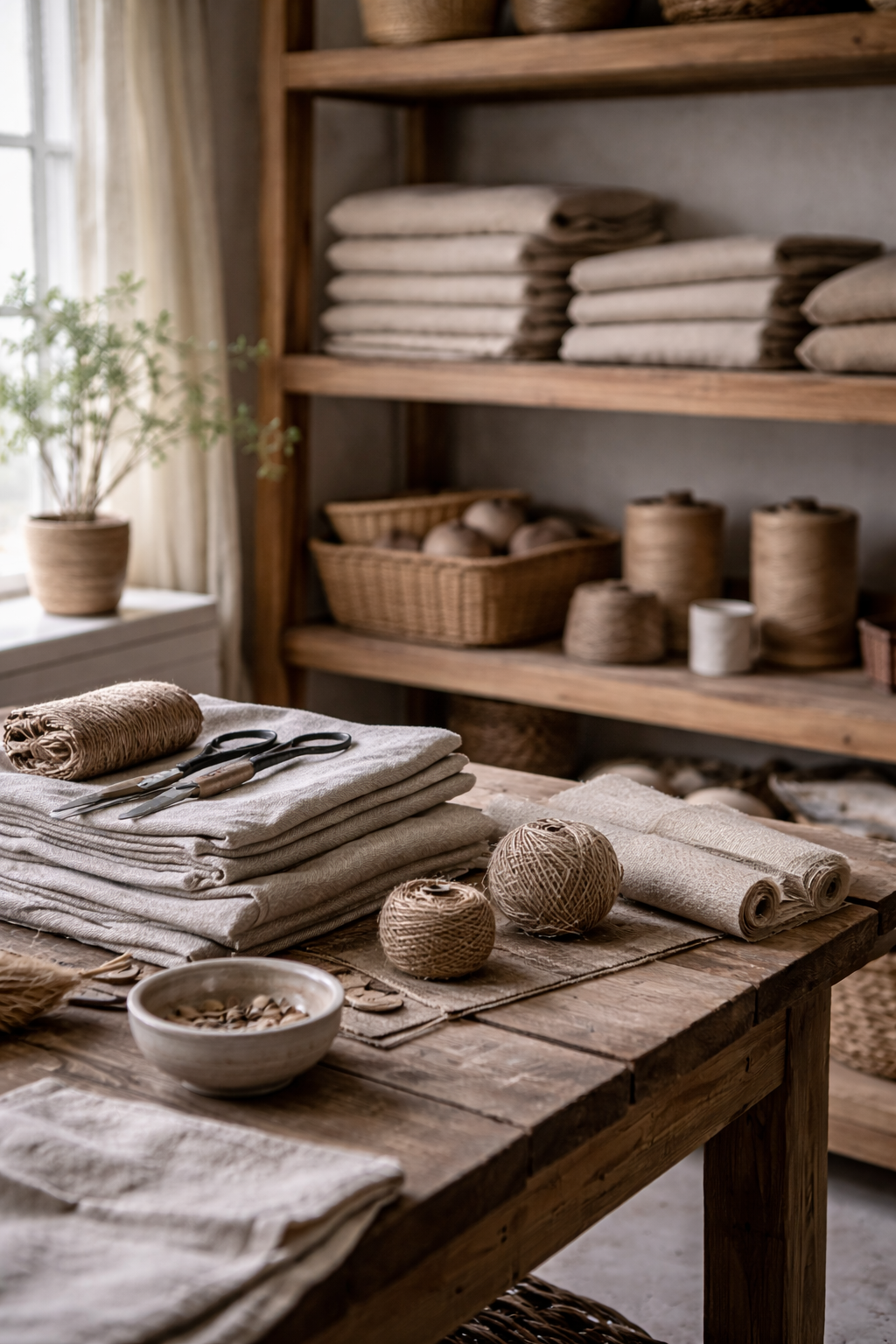 Natural materials like linen, twine, and wooden tools on a rustic wooden table with shelves in the background.